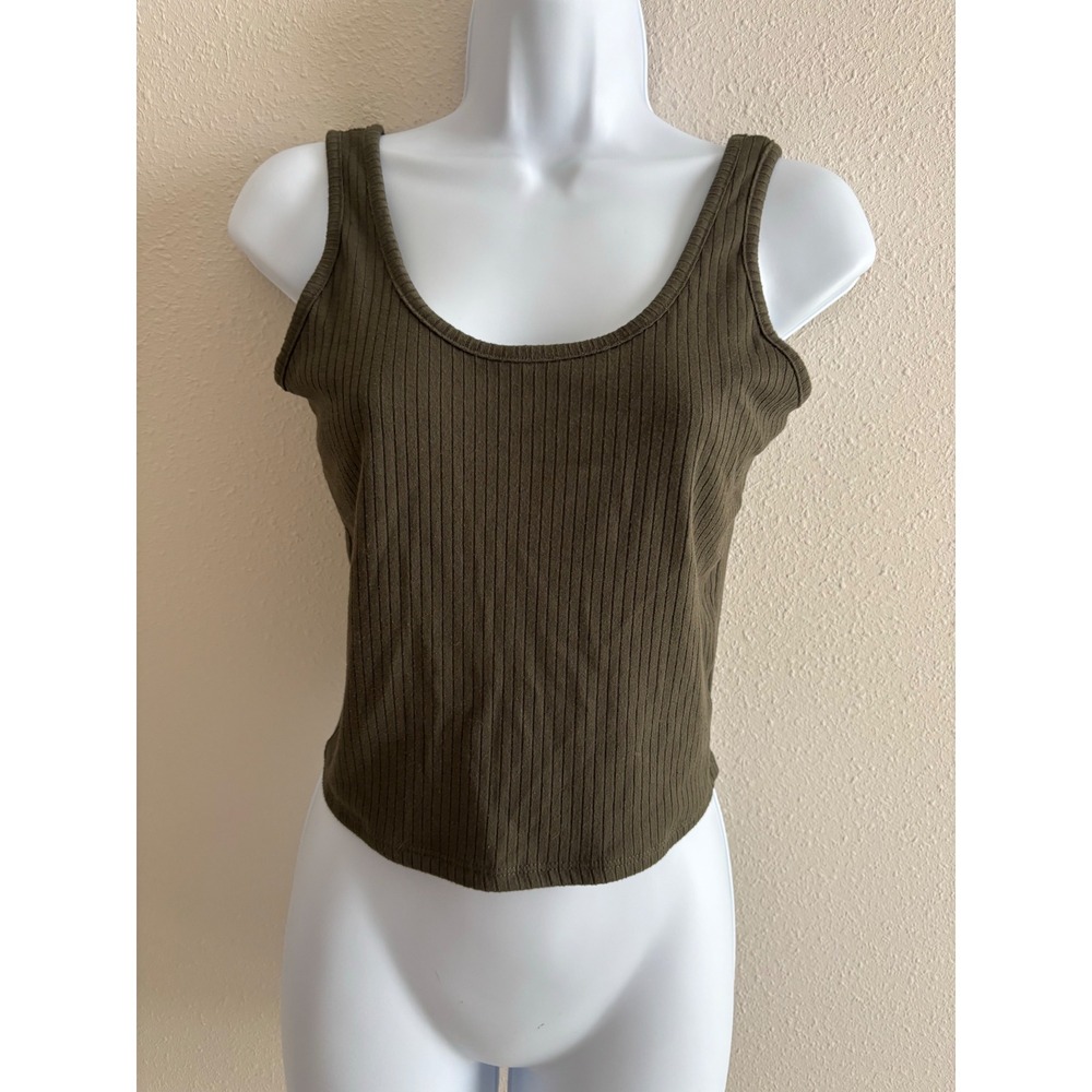 Earthbound Trading Co Tank Top Womens Large Olive Green Ribbed Scoop Neck Boho